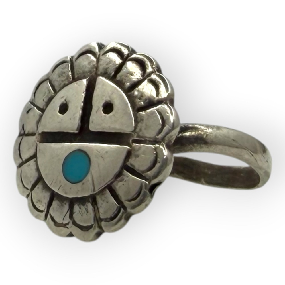 Vintage Sunface Ring Sterling Silver Size 7.5 Turquoise Southwestern Unsigned